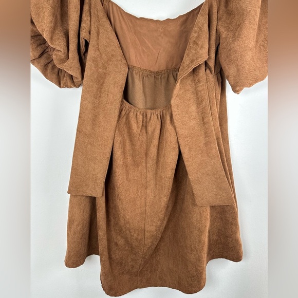 Blue Rain Women's Cassie Bow Back Corduroy Puff Sleeve Mini Brown Dress, Size L - Picture 10 of 12
